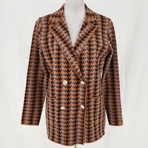 Joie Sweater Womens Jacket Medium Brown Black Blue Check Double Breasted Knit - Picture 11 of 11